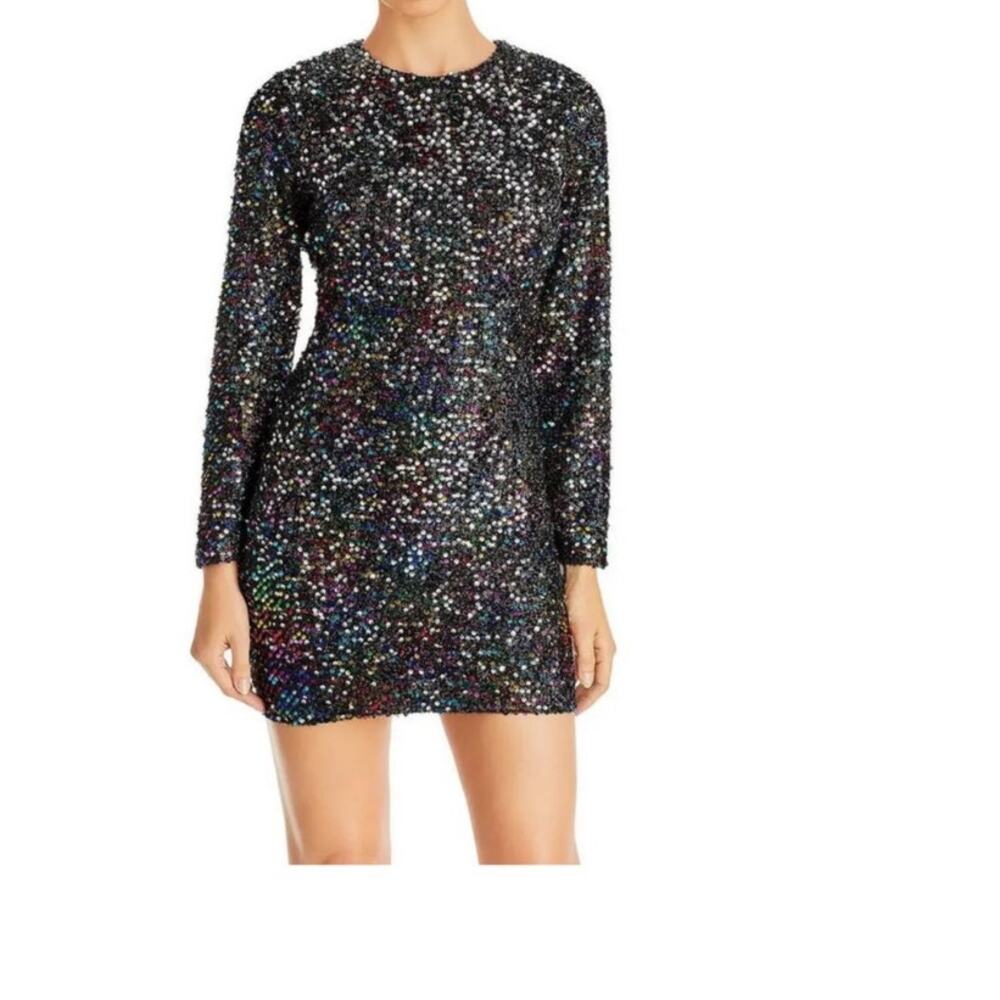 Aqua Rainbow Sequin Mini Dress Open Back‎ Long Sleeve Bodycon Shimmer Medium NWT